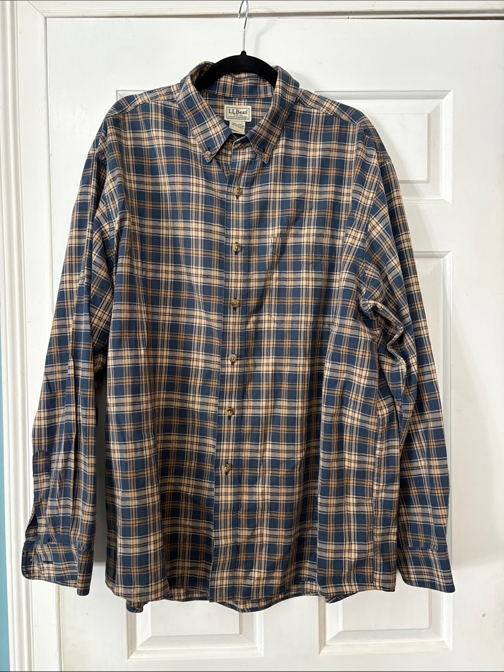 L.L. Bean Men's Navy and Tan Plaid Button-Down Shirt